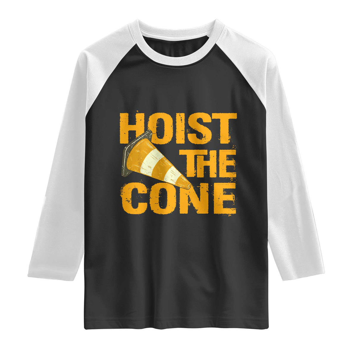 Vintage Hoist The Cone Distressed Graphic Raglan Shirt Funny Sports Meme Baseball Fan Victory Celebration