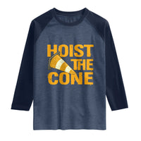 Vintage Hoist The Cone Distressed Graphic Raglan Shirt Funny Sports Meme Baseball Fan Victory Celebration