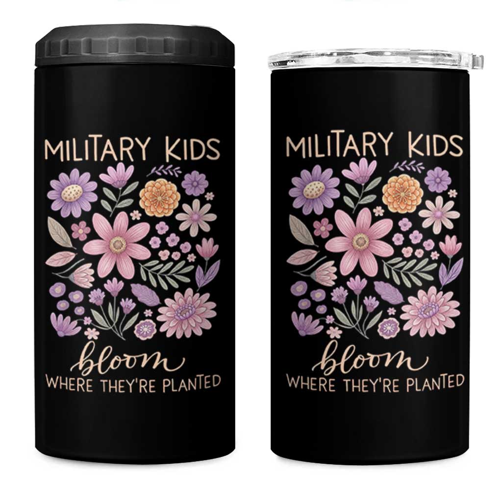 Military Kids Bloom Where They are Planted 4 in 1 Can Cooler Tumbler Purple Up Month of the Military Child Floral Empowerment