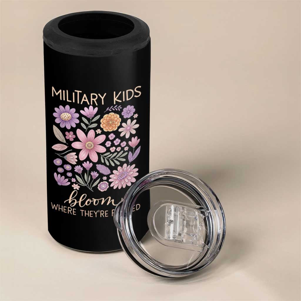 Military Kids Bloom Where They are Planted 4 in 1 Can Cooler Tumbler Purple Up Month of the Military Child Floral Empowerment