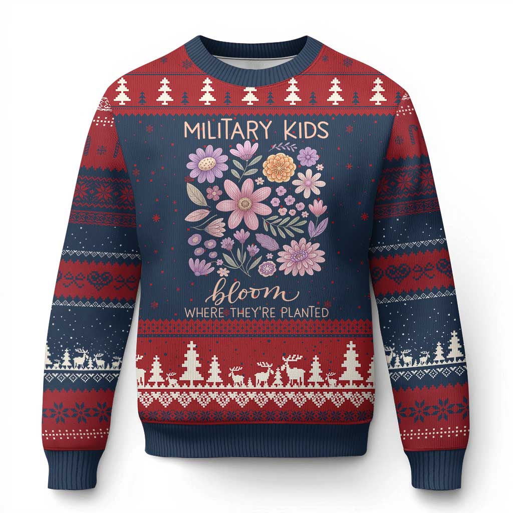 Military Kids Bloom Where They are Planted Ugly Christmas Sweater Purple Up Month of the Military Child Floral Empowerment