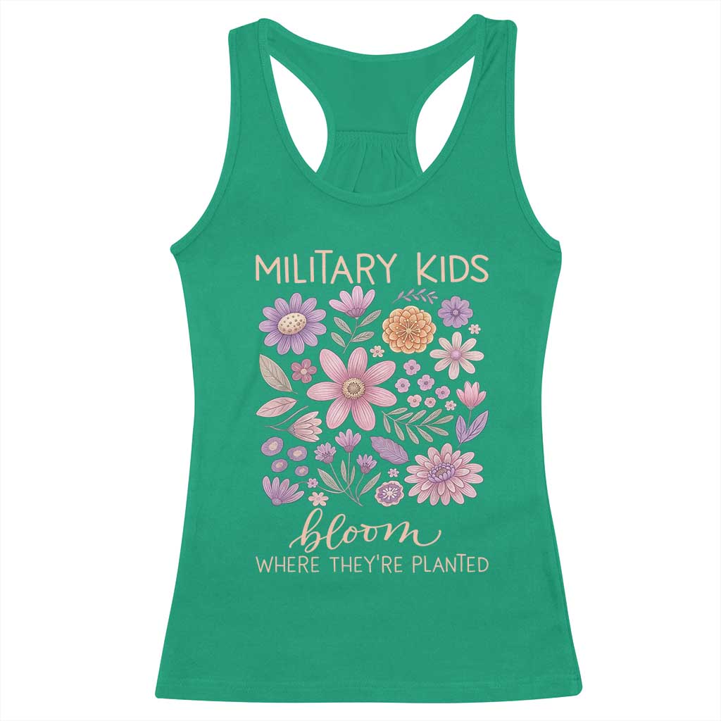Military Kids Bloom Where They are Planted Racerback Tank Top Purple Up Month of the Military Child Floral Empowerment