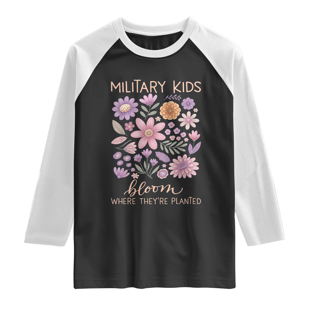 Military Kids Bloom Where They are Planted Raglan Shirt Purple Up Month of the Military Child Floral Empowerment