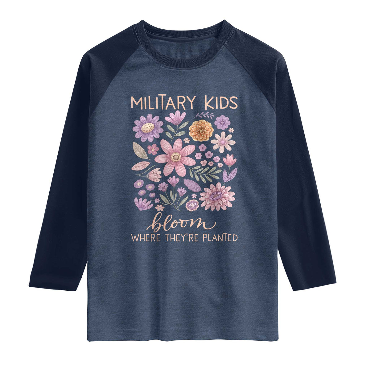 Military Kids Bloom Where They are Planted Raglan Shirt Purple Up Month of the Military Child Floral Empowerment