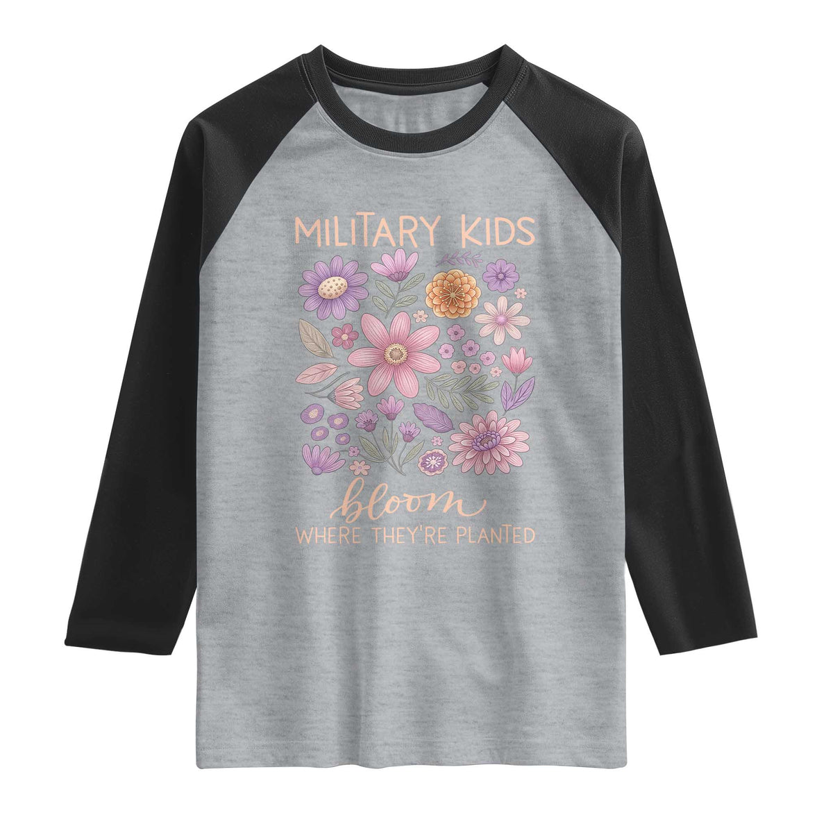 Military Kids Bloom Where They are Planted Raglan Shirt Purple Up Month of the Military Child Floral Empowerment