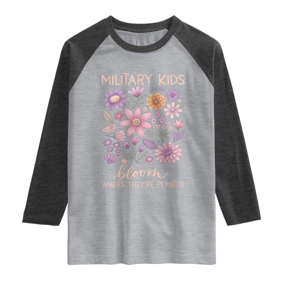 Military Kids Bloom Where They are Planted Raglan Shirt Purple Up Month of the Military Child Floral Empowerment