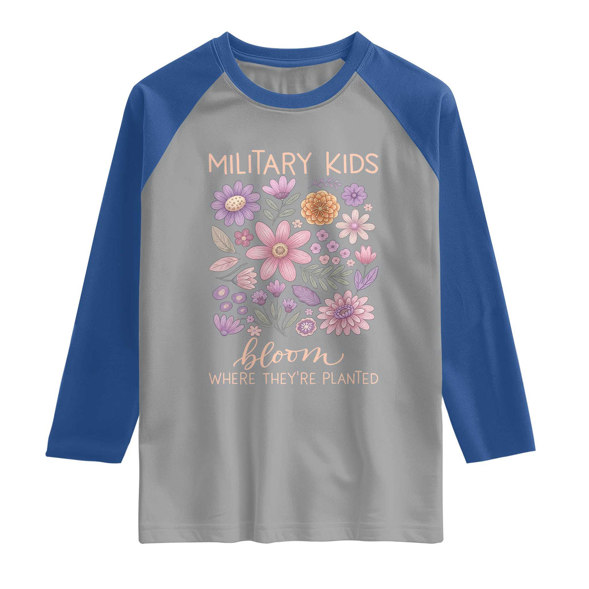 Military Kids Bloom Where They are Planted Raglan Shirt Purple Up Month of the Military Child Floral Empowerment