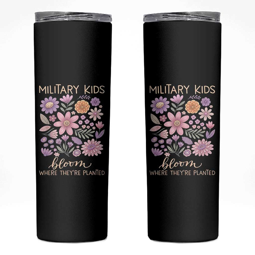 Military Kids Bloom Where They are Planted Skinny Tumbler Purple Up Month of the Military Child Floral Empowerment
