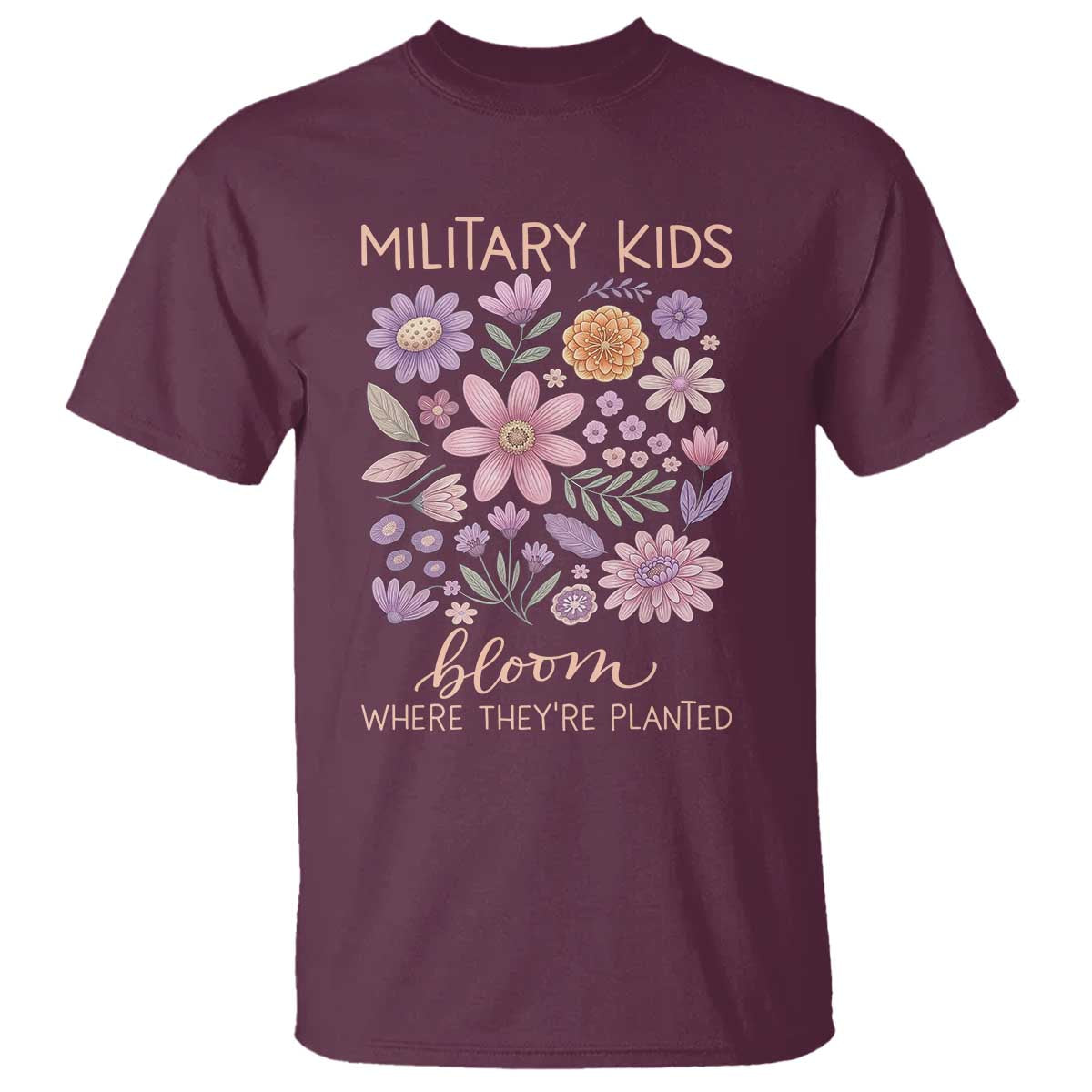 Military Kids Bloom Where They are Planted T Shirt Purple Up Month of the Military Child Floral Empowerment