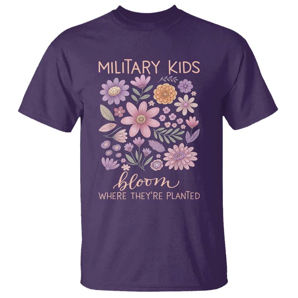 Military Kids Bloom Where They are Planted T Shirt Purple Up Month of the Military Child Floral Empowerment