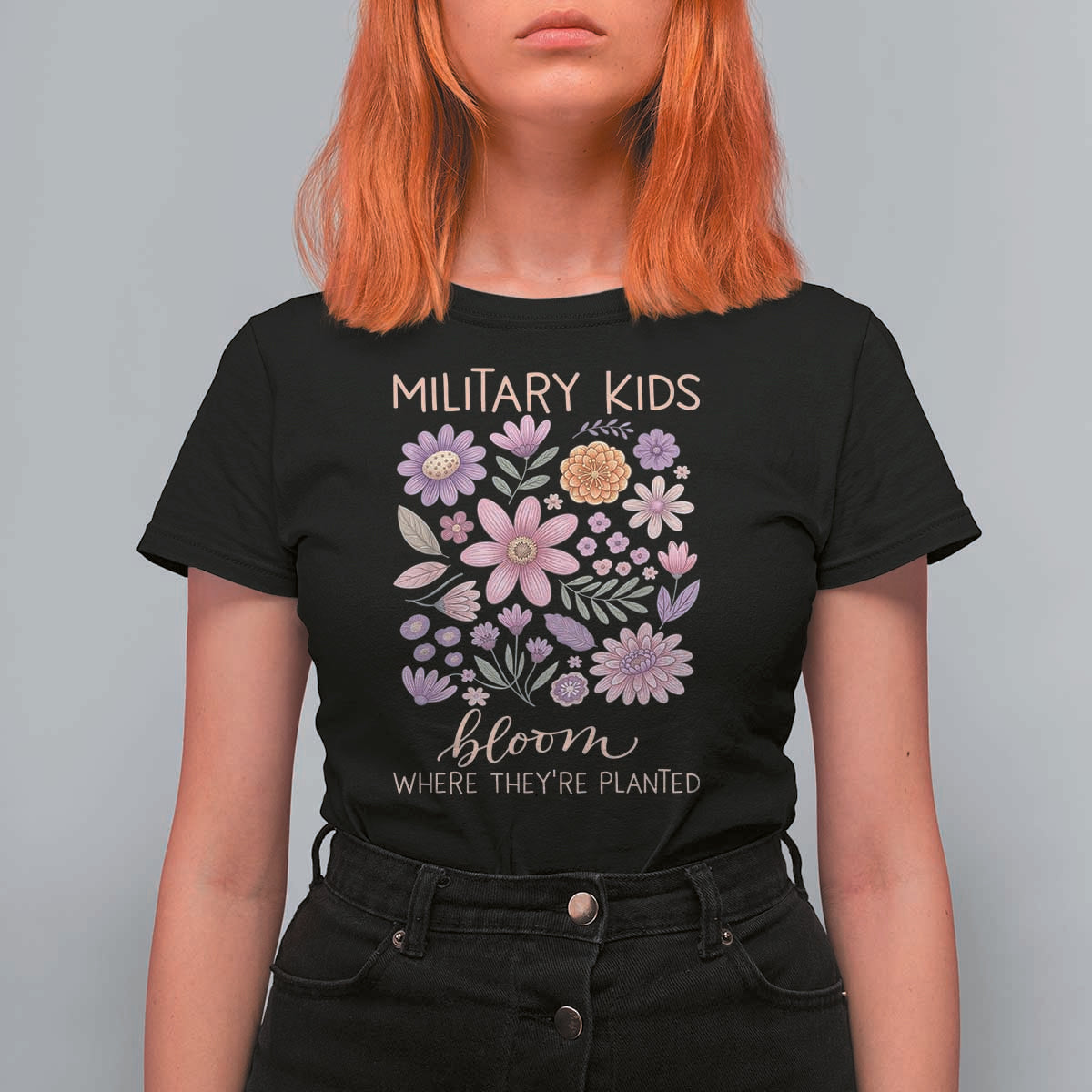 Military Kids Bloom Where They are Planted T Shirt For Women Purple Up Month of the Military Child Floral Empowerment