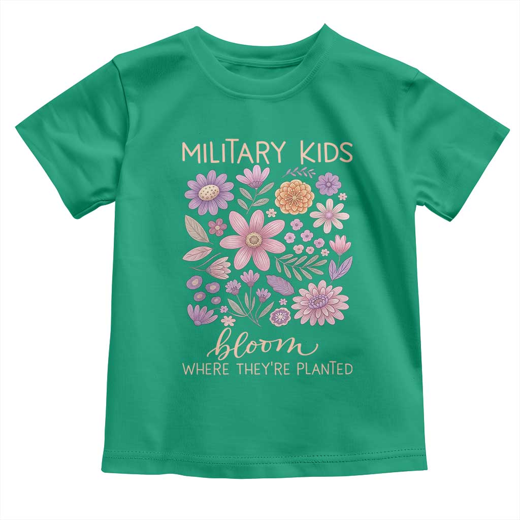 Military Kids Bloom Where They are Planted Toddler T Shirt Purple Up Month of the Military Child Floral Empowerment