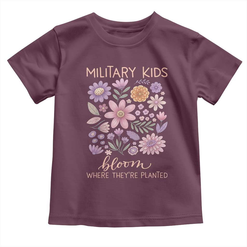 Military Kids Bloom Where They are Planted Toddler T Shirt Purple Up Month of the Military Child Floral Empowerment