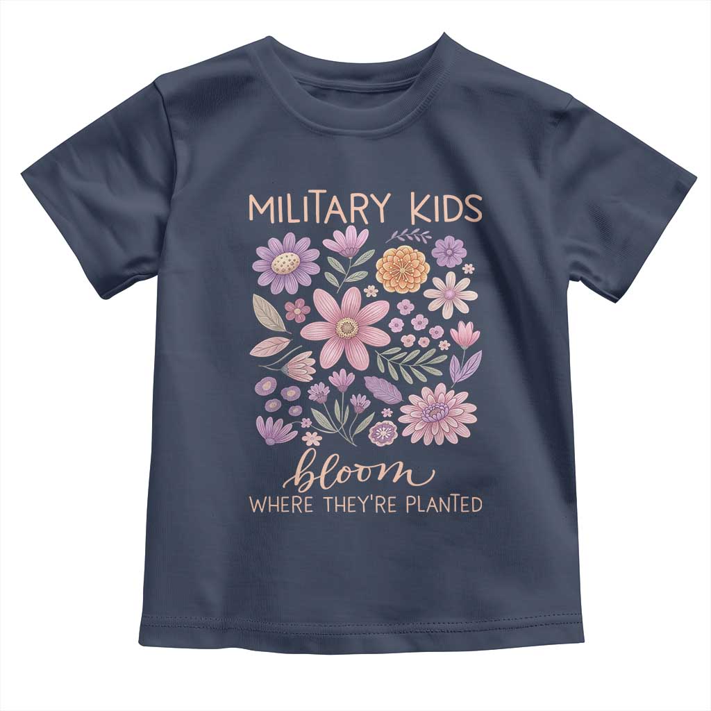 Military Kids Bloom Where They are Planted Toddler T Shirt Purple Up Month of the Military Child Floral Empowerment