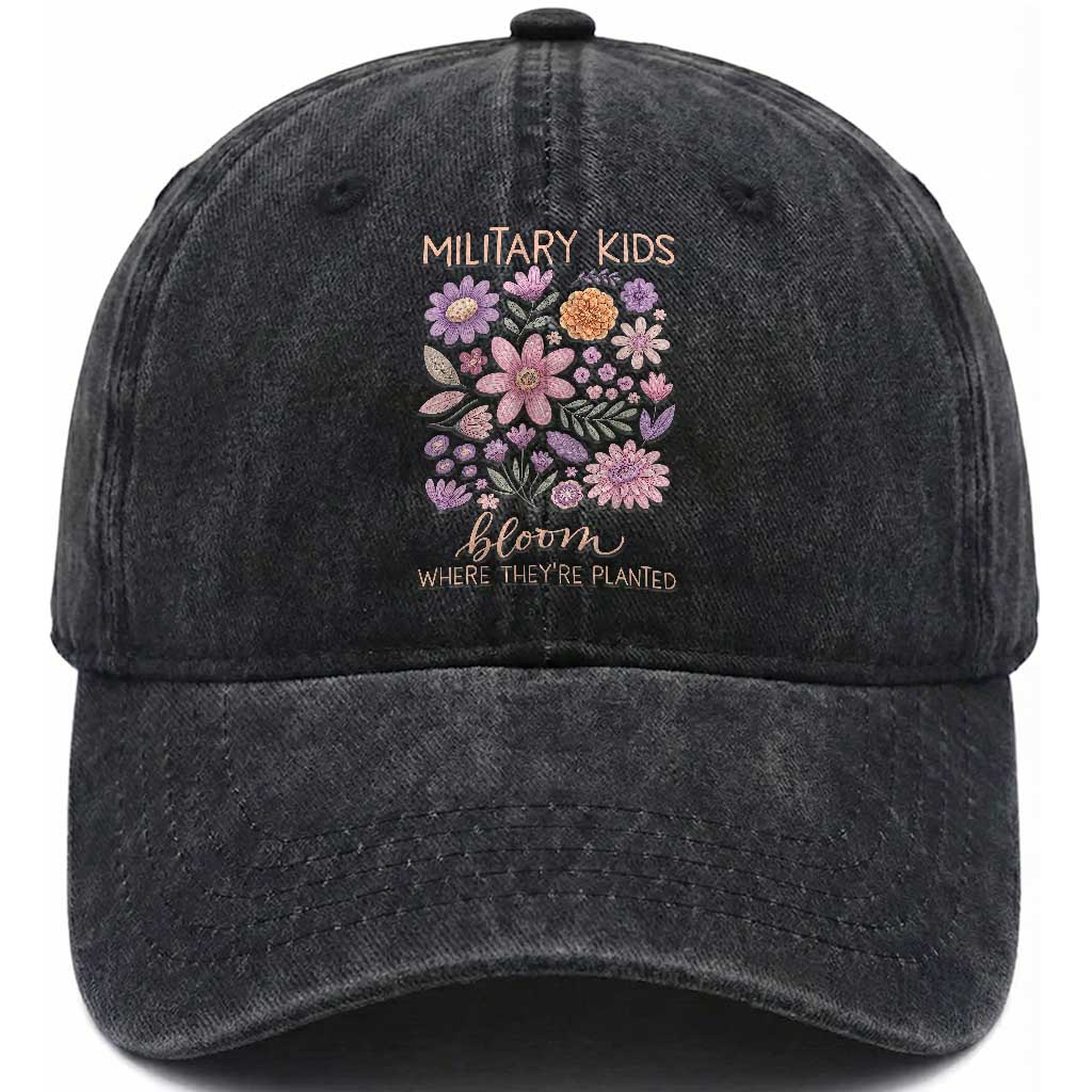Military Kids Bloom Where They are Planted Washed Cotton Baseball Cap Purple Up Month of the Military Child Floral Empowerment