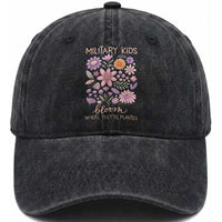 Military Kids Bloom Where They are Planted Washed Cotton Baseball Cap Purple Up Month of the Military Child Floral Empowerment