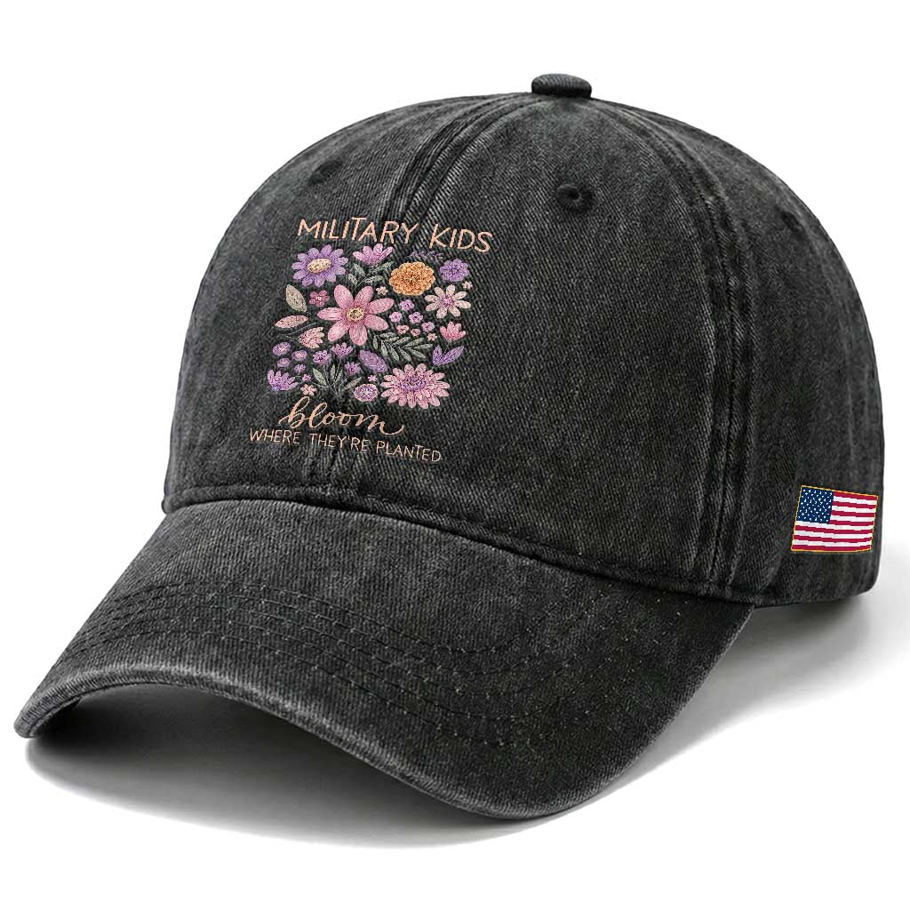 Military Kids Bloom Where They are Planted Washed Cotton Baseball Cap Purple Up Month of the Military Child Floral Empowerment