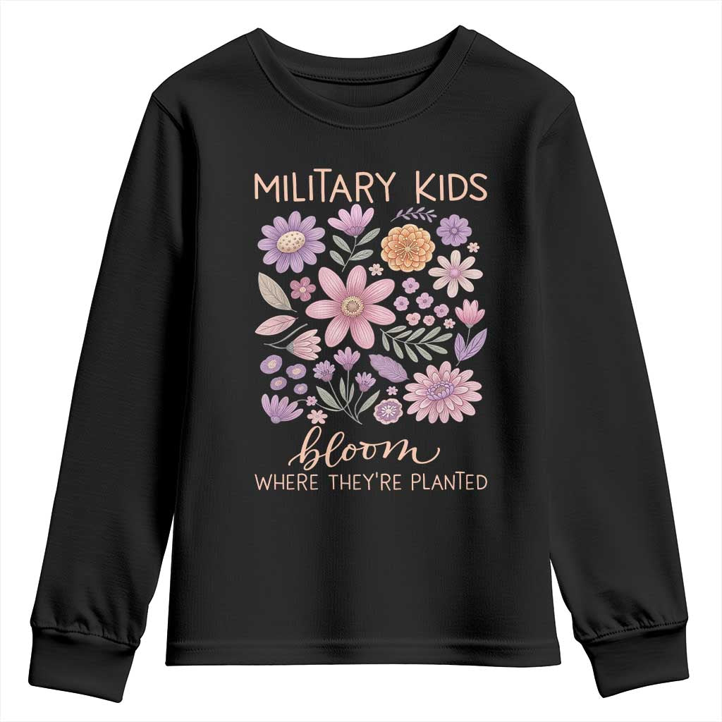 Military Kids Bloom Where They are Planted Youth Sweatshirt Purple Up Month of the Military Child Floral Empowerment