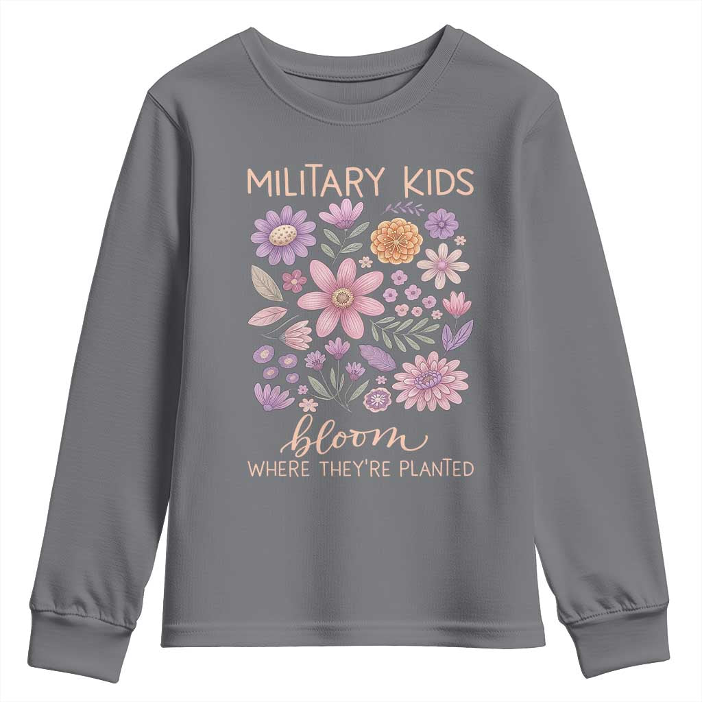 Military Kids Bloom Where They are Planted Youth Sweatshirt Purple Up Month of the Military Child Floral Empowerment