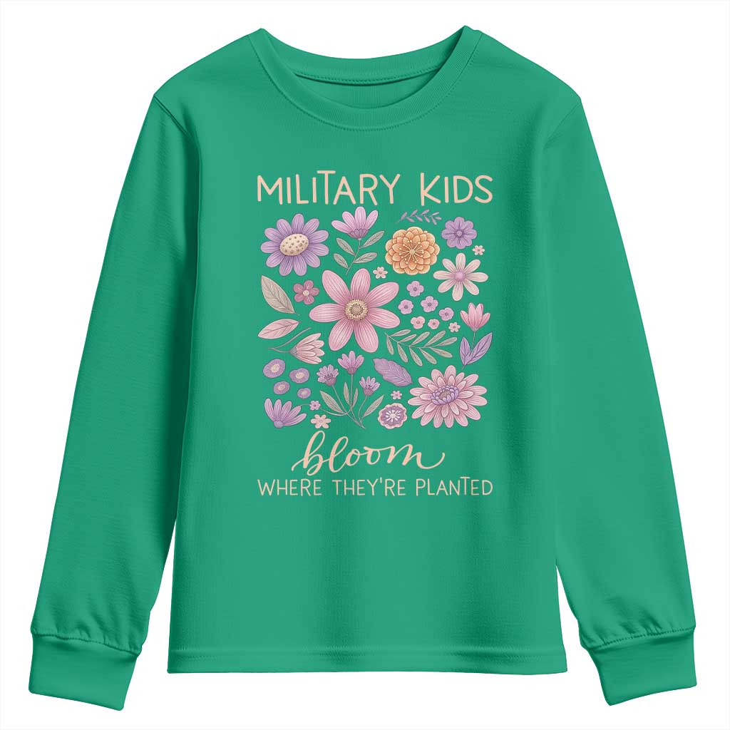 Military Kids Bloom Where They are Planted Youth Sweatshirt Purple Up Month of the Military Child Floral Empowerment