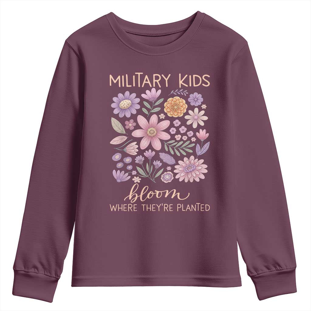 Military Kids Bloom Where They are Planted Youth Sweatshirt Purple Up Month of the Military Child Floral Empowerment