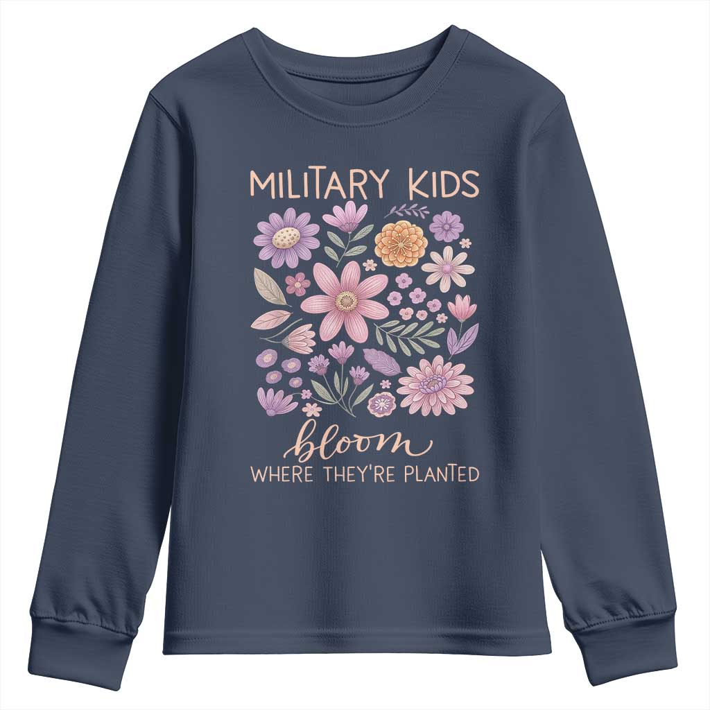 Military Kids Bloom Where They are Planted Youth Sweatshirt Purple Up Month of the Military Child Floral Empowerment
