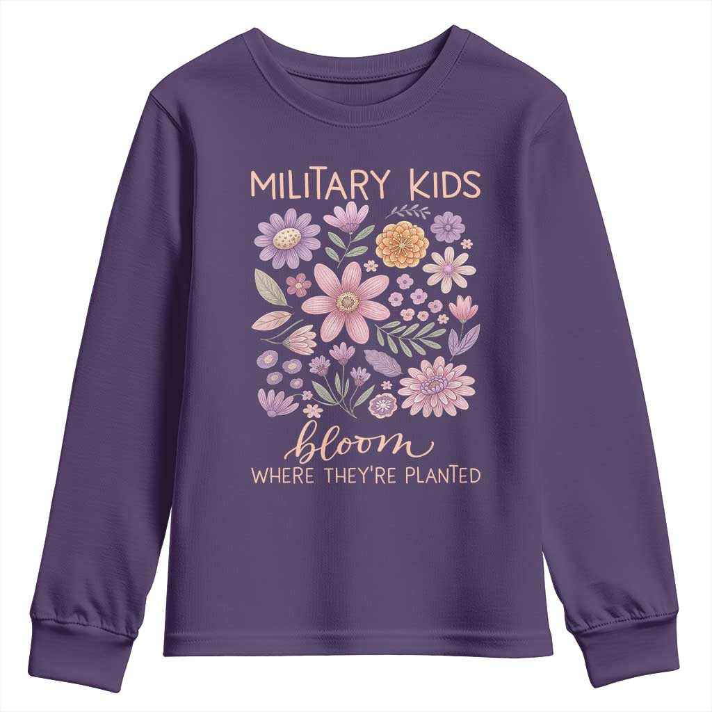 Military Kids Bloom Where They are Planted Youth Sweatshirt Purple Up Month of the Military Child Floral Empowerment