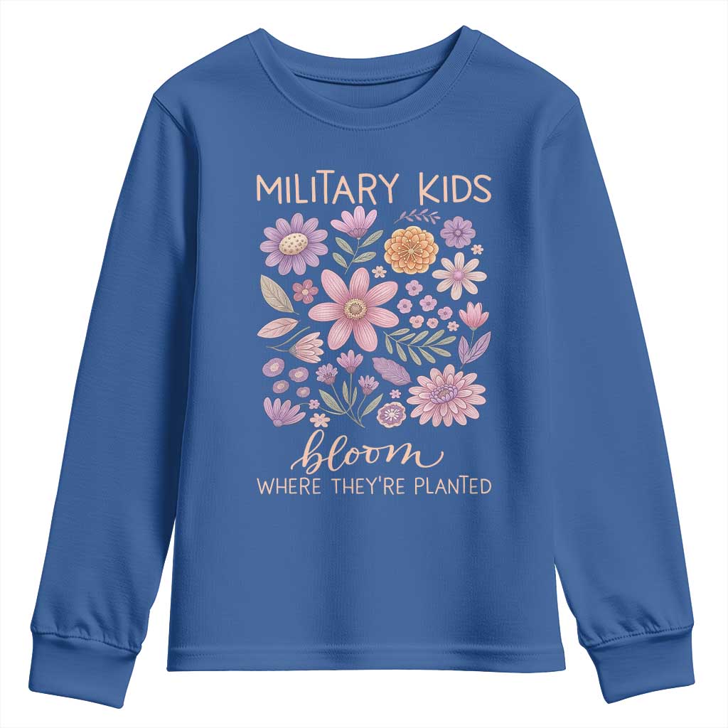 Military Kids Bloom Where They are Planted Youth Sweatshirt Purple Up Month of the Military Child Floral Empowerment