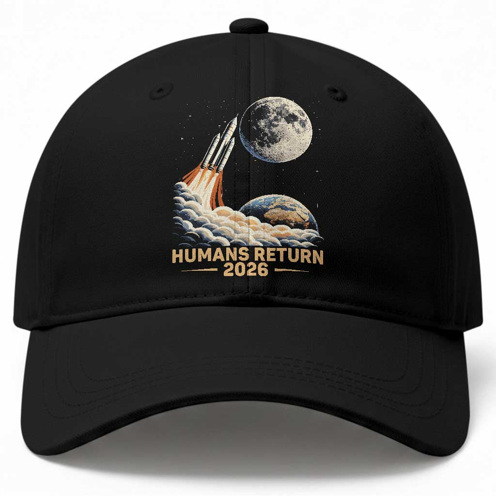 Retro Humans Return 2026 Lunar Mission Baseball Cap Vintage Style Rocket Launch n Moon Graphic