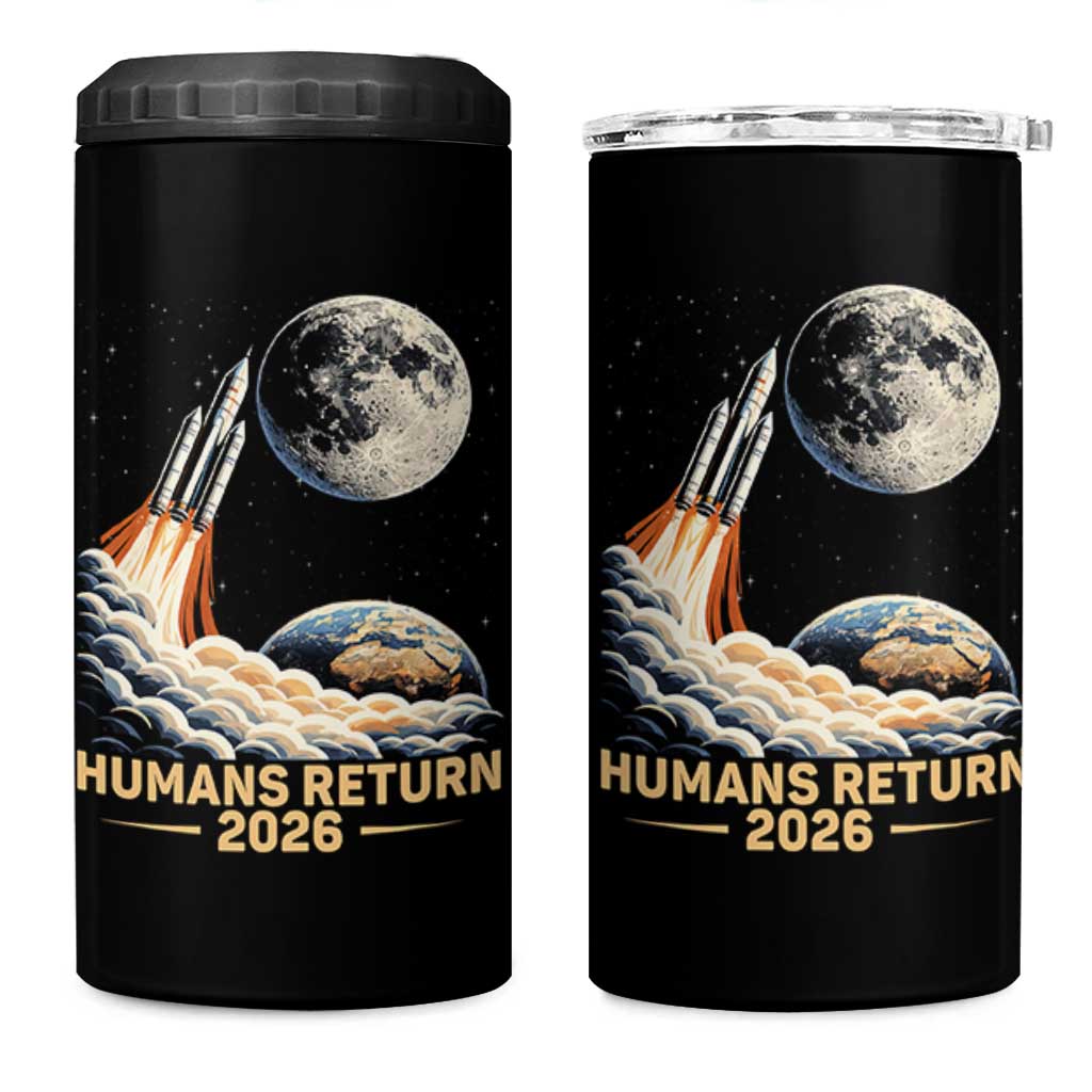 Retro Humans Return 2026 Lunar Mission 4 in 1 Can Cooler Tumbler Vintage Style Rocket Launch n Moon Graphic