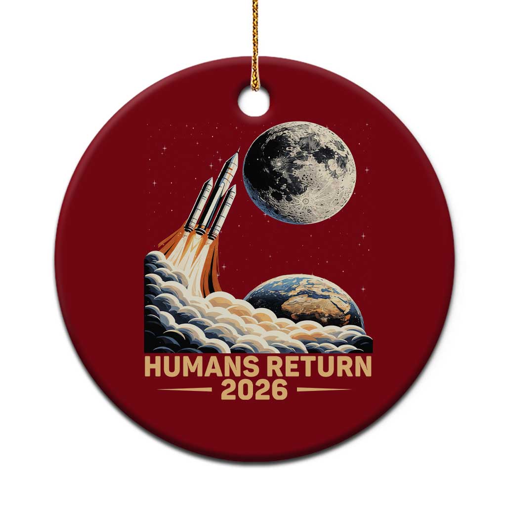Retro Humans Return 2026 Lunar Mission Ceramic Ornament Vintage Style Rocket Launch n Moon Graphic
