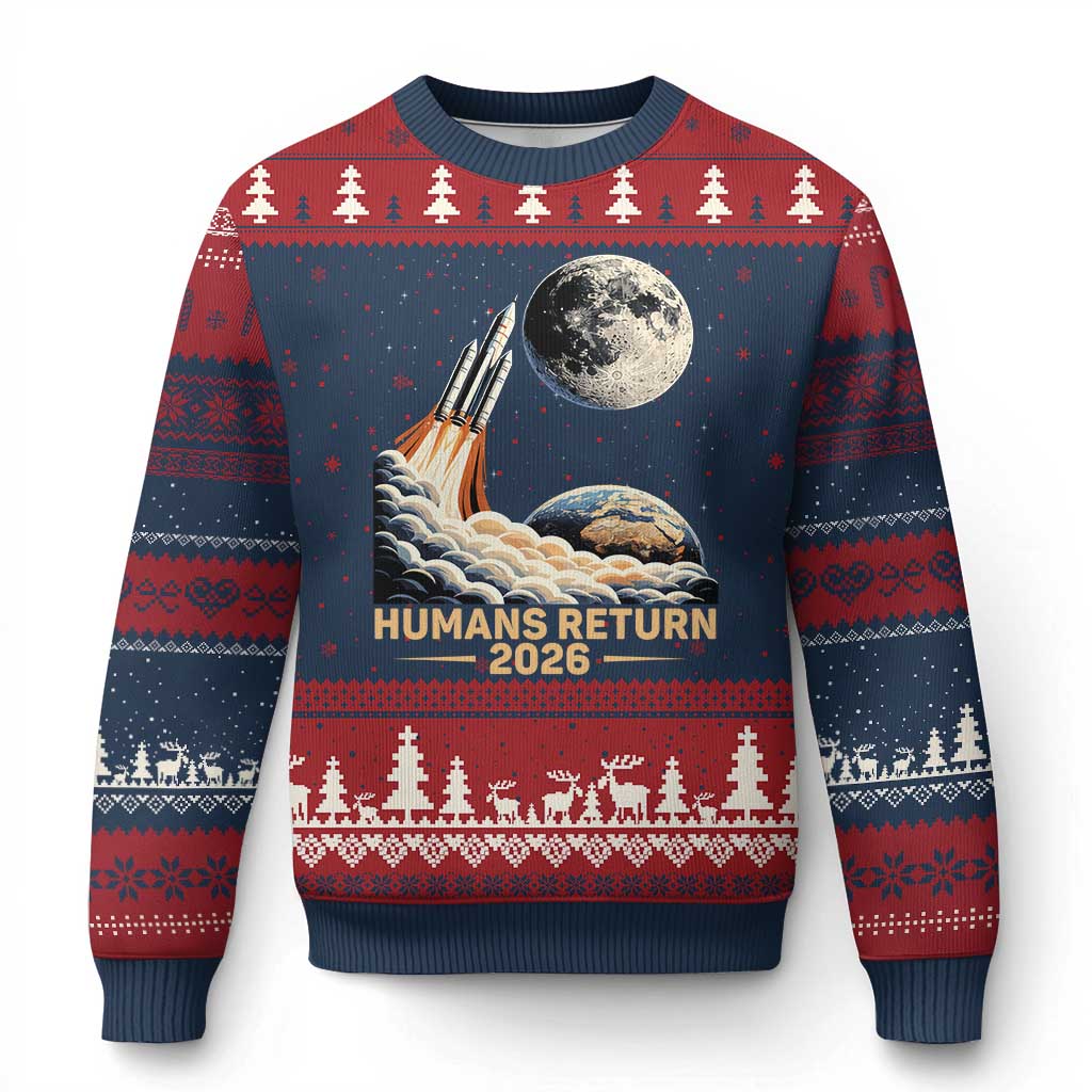 Retro Humans Return 2026 Lunar Mission Ugly Christmas Sweater Vintage Style Rocket Launch n Moon Graphic