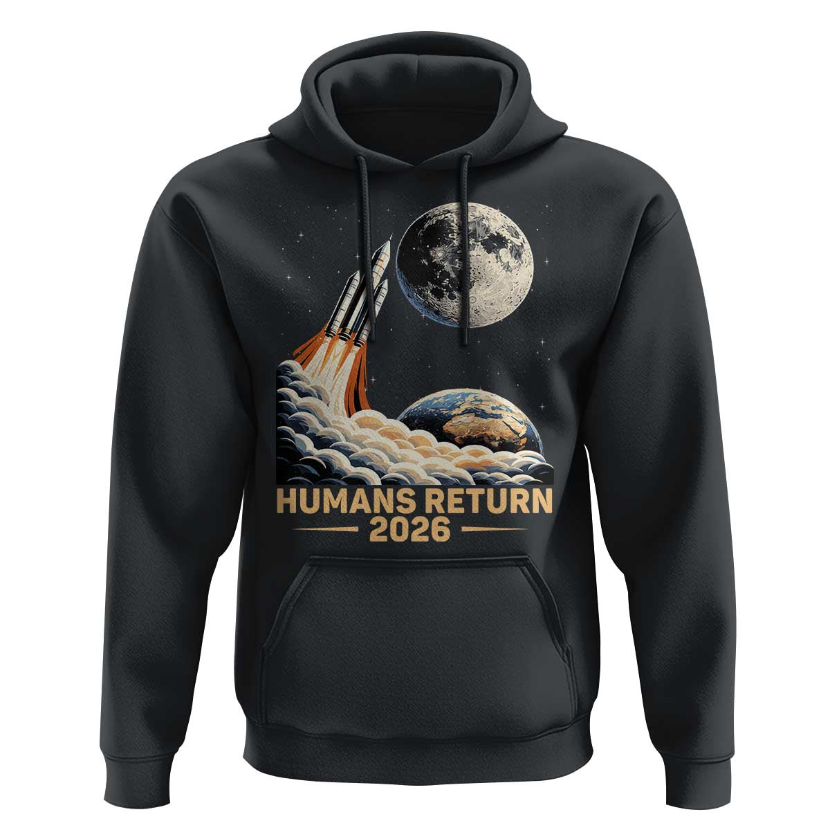 Retro Humans Return 2026 Lunar Mission Hoodie Vintage Style Rocket Launch n Moon Graphic