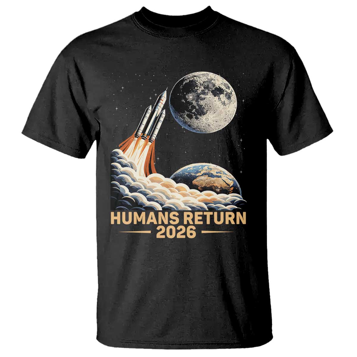 Retro Humans Return 2026 Lunar Mission T Shirt Vintage Style Rocket Launch n Moon Graphic