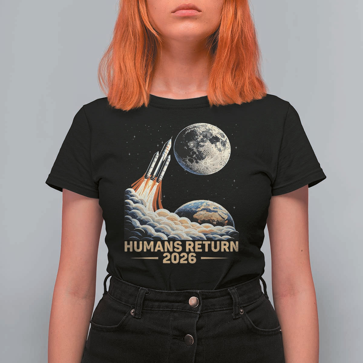 Retro Humans Return 2026 Lunar Mission T Shirt For Women Vintage Style Rocket Launch n Moon Graphic