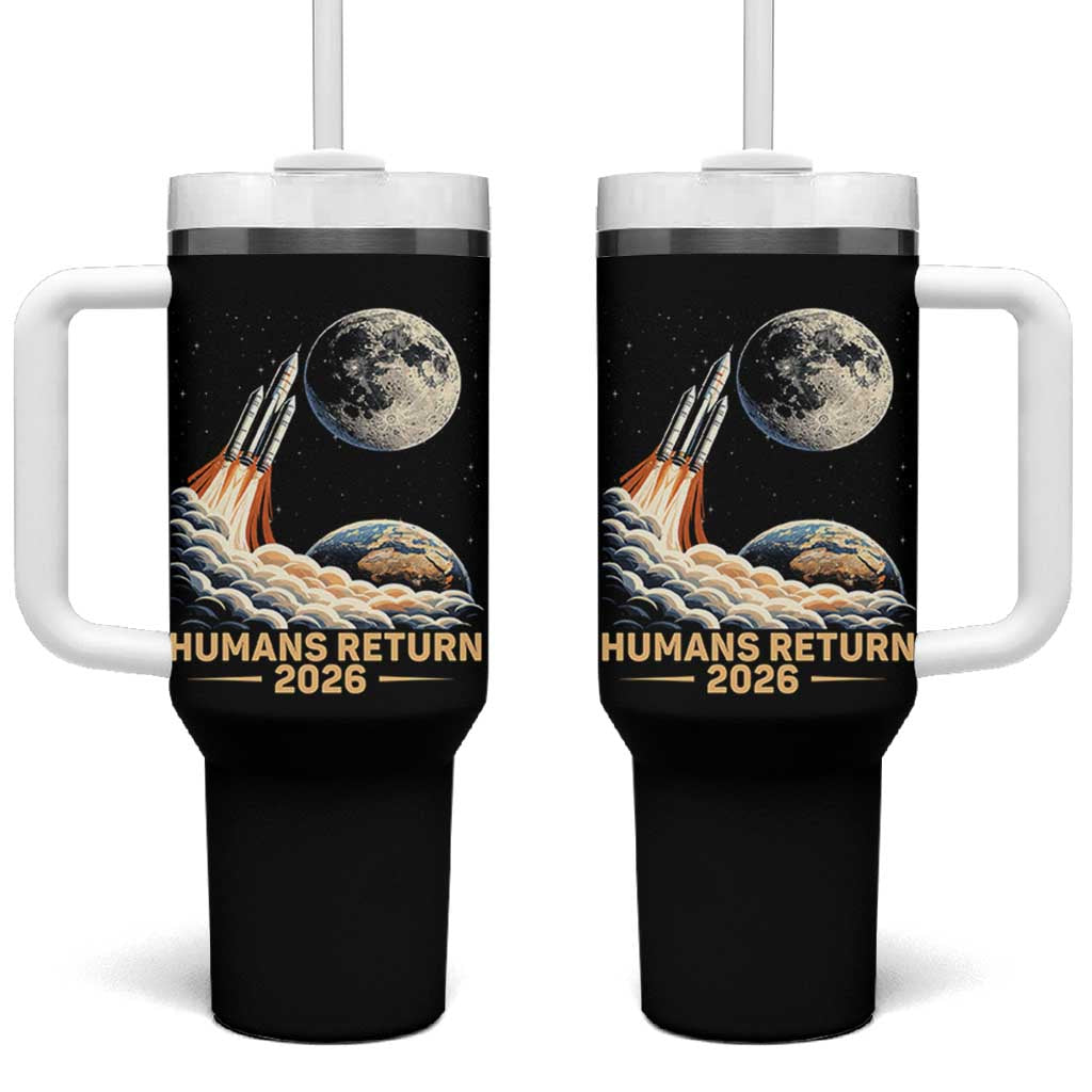 Retro Humans Return 2026 Lunar Mission Tumbler With Handle Vintage Style Rocket Launch n Moon Graphic