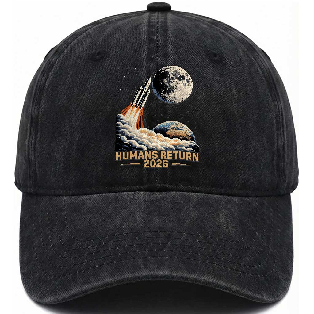 Retro Humans Return 2026 Lunar Mission Washed Cotton Baseball Cap Vintage Style Rocket Launch n Moon Graphic