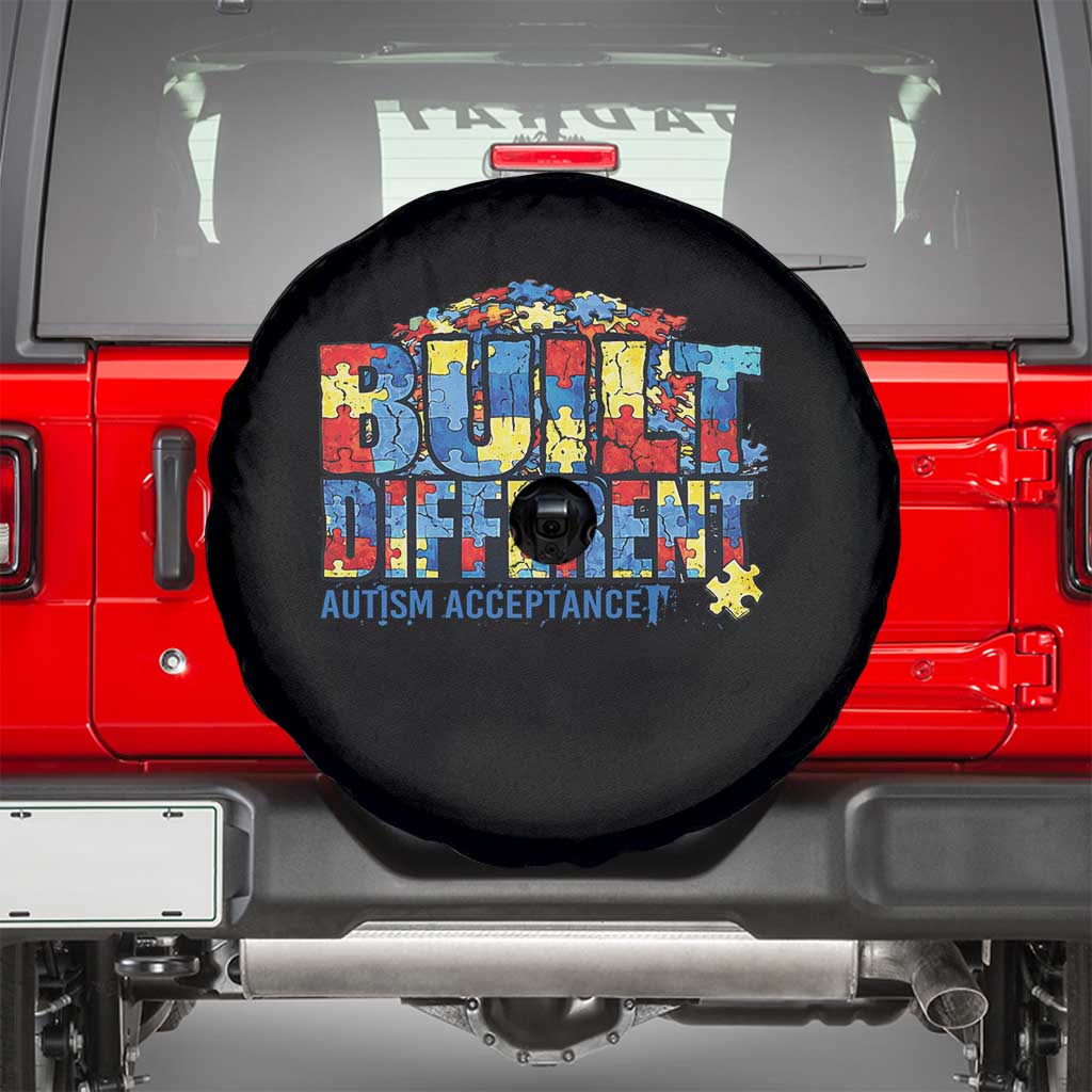 Built Different Autism Acceptance Puzzle Piece Graphic Spare Tire Cover Inspirational Neurodiversity Support