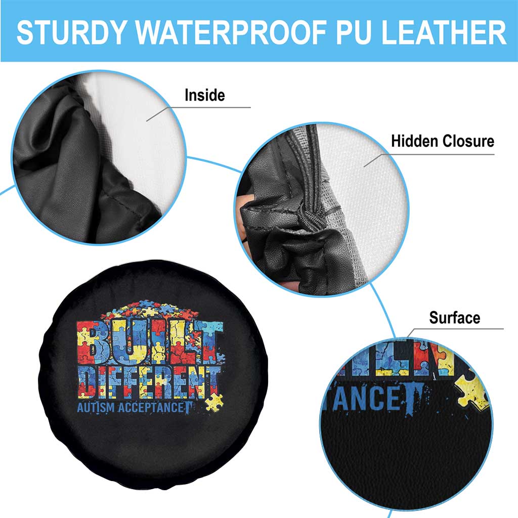 Built Different Autism Acceptance Puzzle Piece Graphic Spare Tire Cover Inspirational Neurodiversity Support