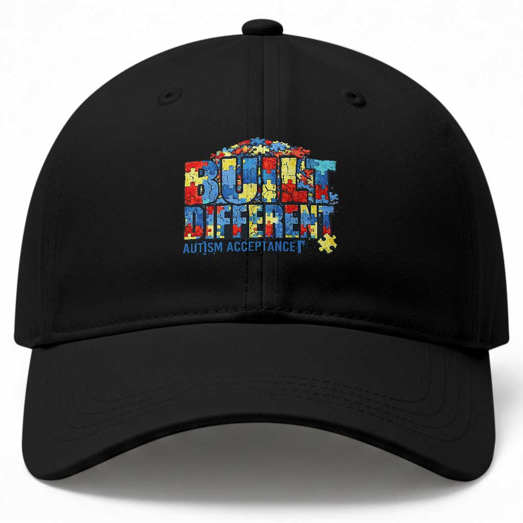 Built Different Autism Acceptance Puzzle Piece Graphic Baseball Cap Inspirational Neurodiversity Support