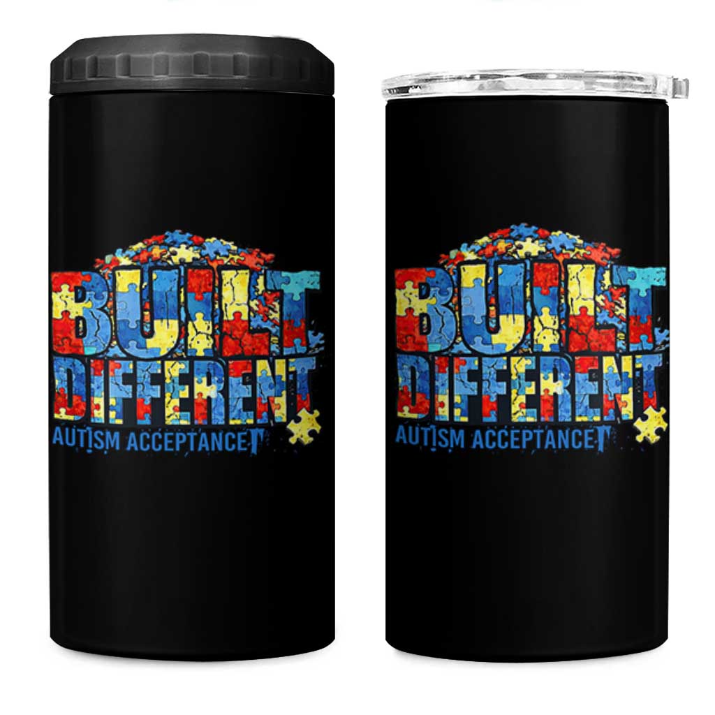 Built Different Autism Acceptance Puzzle Piece Graphic 4 in 1 Can Cooler Tumbler Inspirational Neurodiversity Support