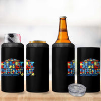 Built Different Autism Acceptance Puzzle Piece Graphic 4 in 1 Can Cooler Tumbler Inspirational Neurodiversity Support