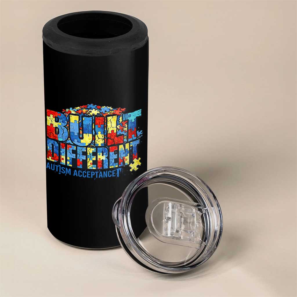 Built Different Autism Acceptance Puzzle Piece Graphic 4 in 1 Can Cooler Tumbler Inspirational Neurodiversity Support