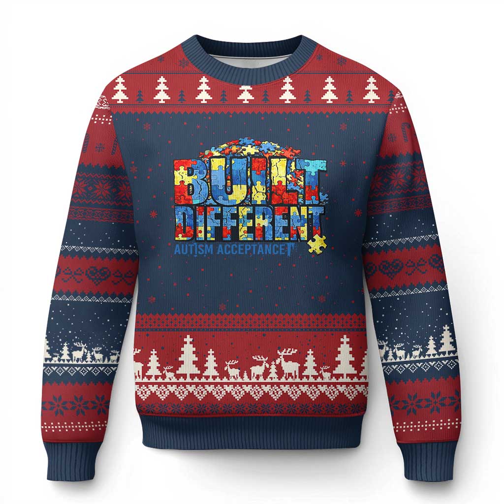 Built Different Autism Acceptance Puzzle Piece Graphic Ugly Christmas Sweater Inspirational Neurodiversity Support