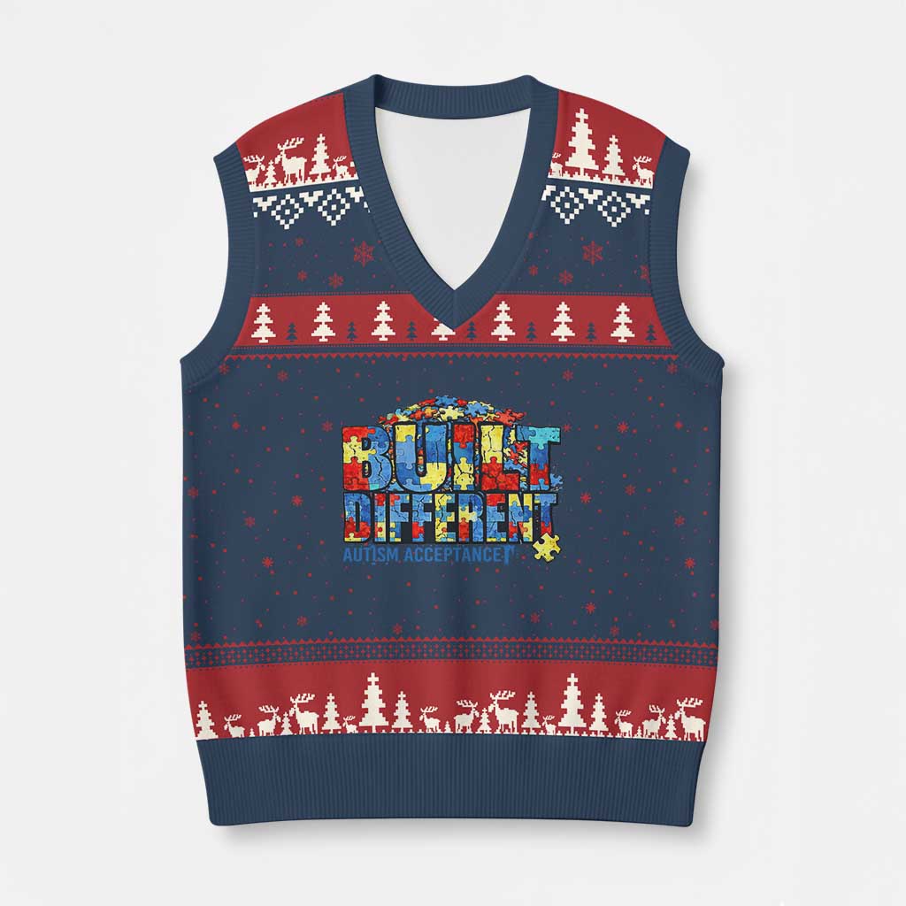 Built Different Autism Acceptance Puzzle Piece Graphic V-Neck Knit Sweater Vest Inspirational Neurodiversity Support