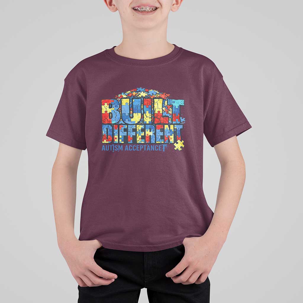 Built Different Autism Acceptance Puzzle Piece Graphic T Shirt For Kid Inspirational Neurodiversity Support
