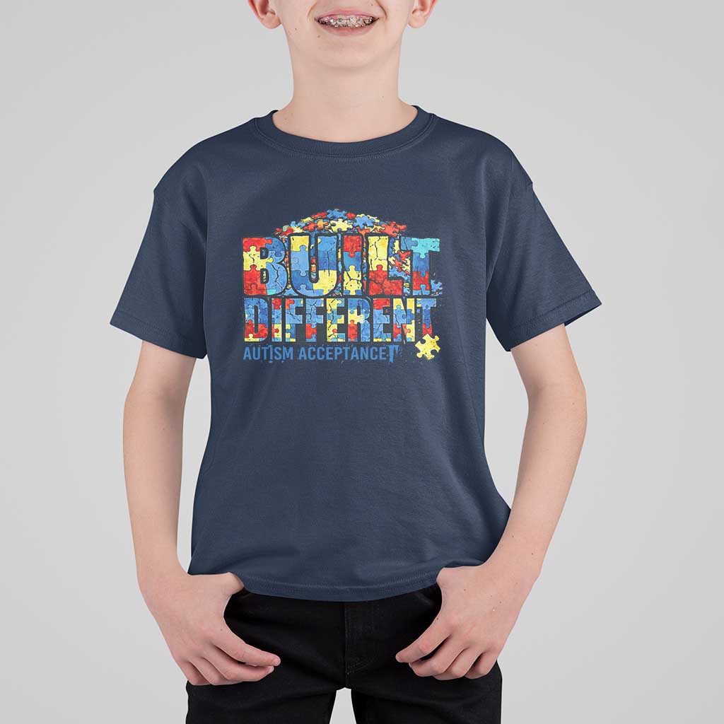 Built Different Autism Acceptance Puzzle Piece Graphic T Shirt For Kid Inspirational Neurodiversity Support