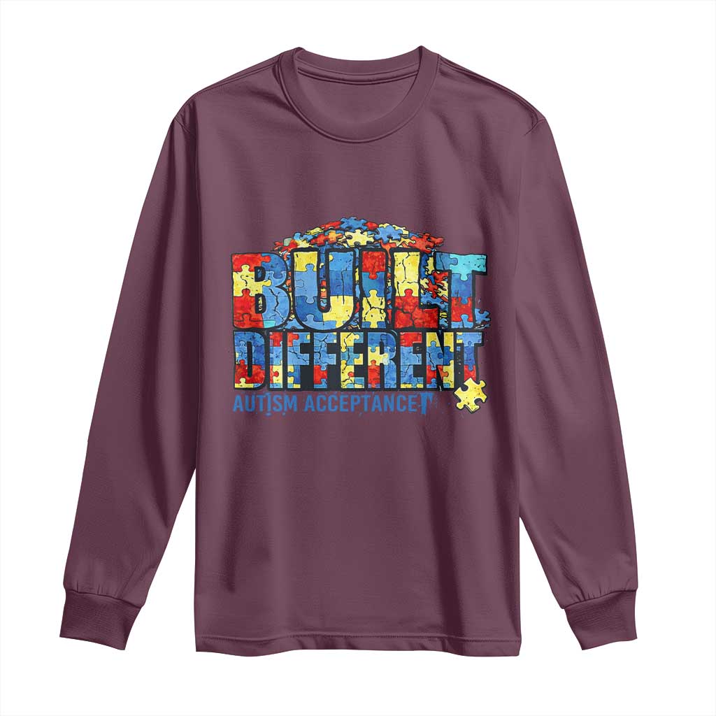 Built Different Autism Acceptance Puzzle Piece Graphic Long Sleeve Shirt Inspirational Neurodiversity Support