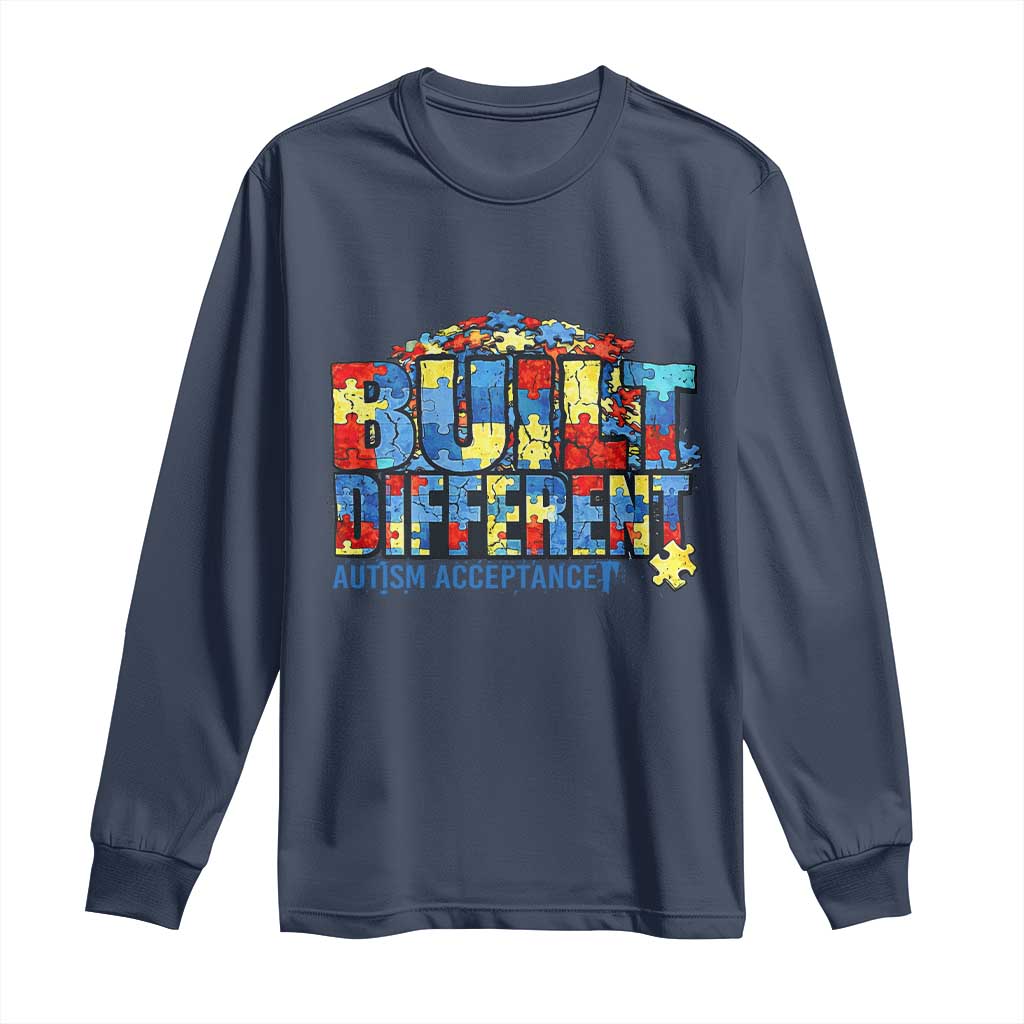 Built Different Autism Acceptance Puzzle Piece Graphic Long Sleeve Shirt Inspirational Neurodiversity Support