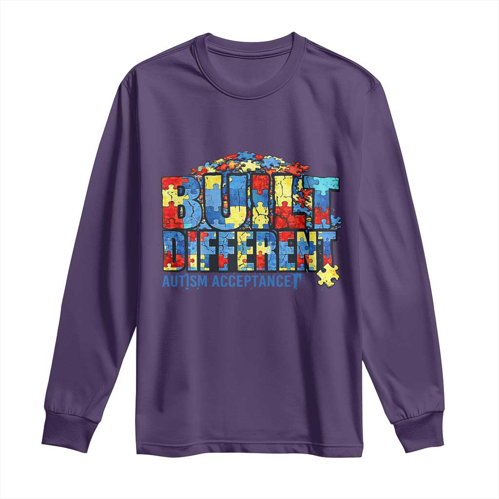 Built Different Autism Acceptance Puzzle Piece Graphic Long Sleeve Shirt Inspirational Neurodiversity Support